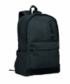 Ein 15-Zoll-Laptop-Rucksack aus recycelter Pre-Consumer-Baumwolle mit individuell anpassbarem Druck, Schwarz