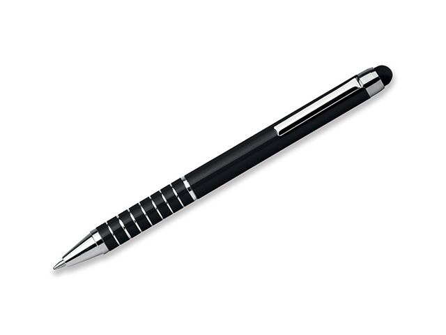 Logotrade promotional giveaway image of: SHORTY metal ball pen with function "touch pen", blue refill, black