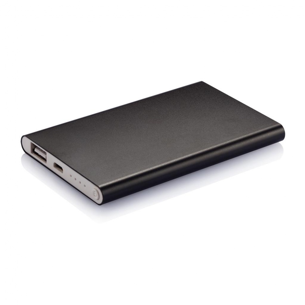 Logo trade promotional giveaway photo of: 4000 mAh powerbank, black, with personalized name, sleeve, gift wrap