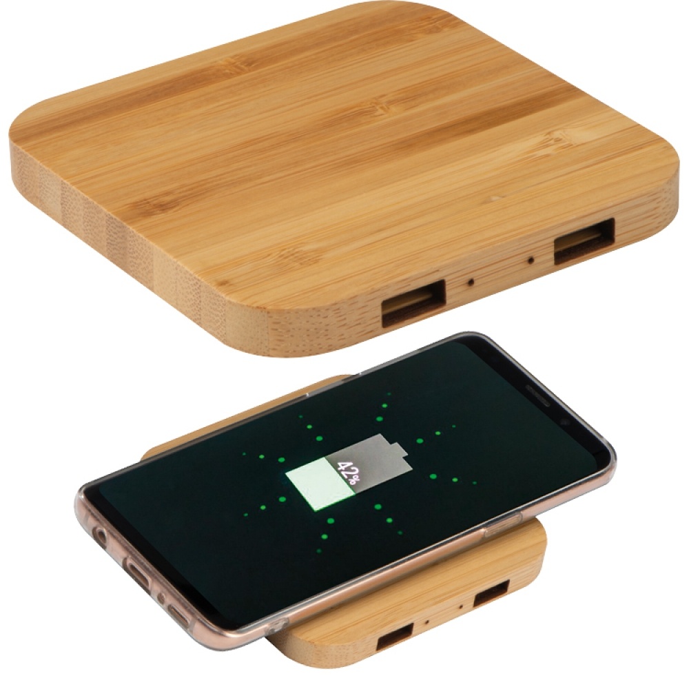 Logo trade advertising products image of: Bamboo Wireless Charger with 2 USB ports, Beige