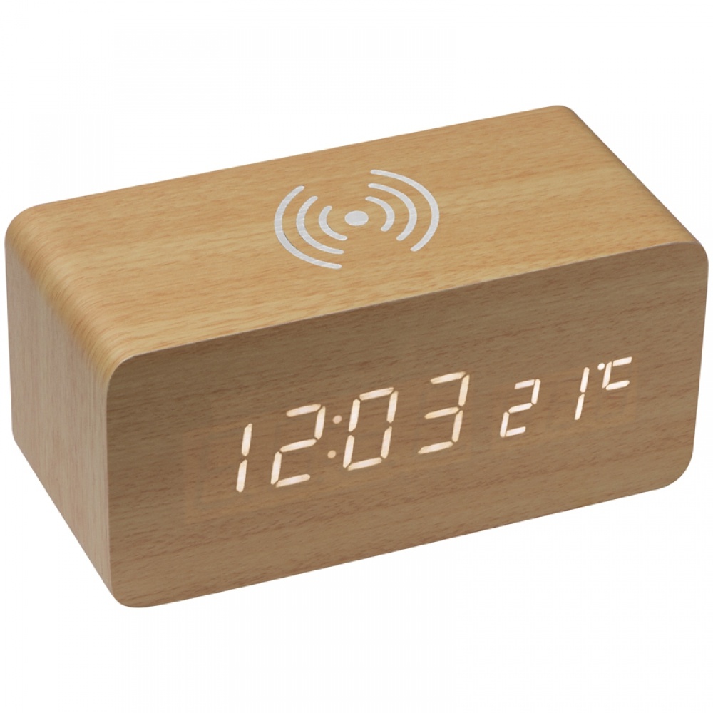 Logo trade business gift photo of: Desk clock with integrated wireless charger, beige