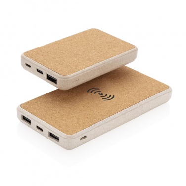 Logo trade corporate gift photo of: Cork and Wheat 8.000 mAh 5W wireless powerbank, brown