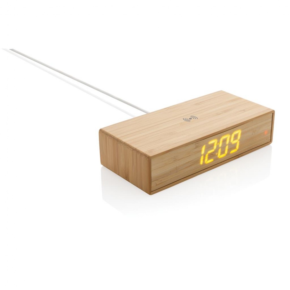 Logo trade promotional gifts image of: Bamboo alarm clock with 5W wireless charger, brown