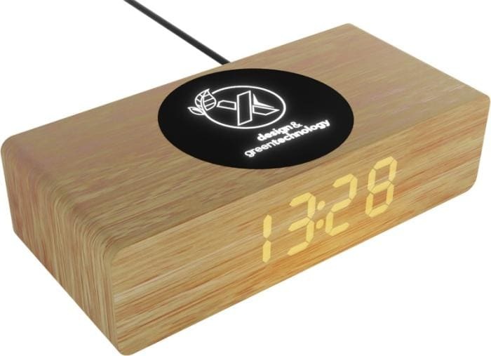 Logo trade corporate gifts image of: Wireless wooden charging station  and clock W30 10W - Natural ,black