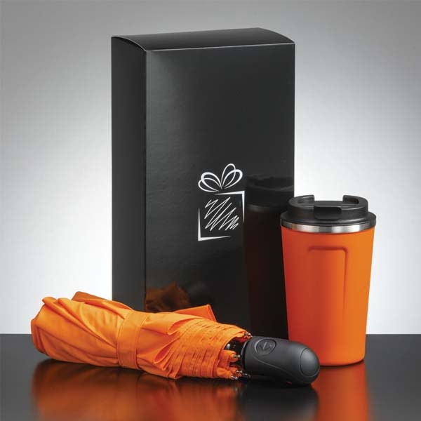 Logotrade promotional merchandise image of: Traveller set: thermal mug 350 ml and full automatic umbrella, orange