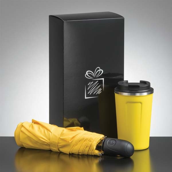 Logotrade promotional product picture of: Traveller set: thermal mug 350 ml and full automatic umbrella, yellow