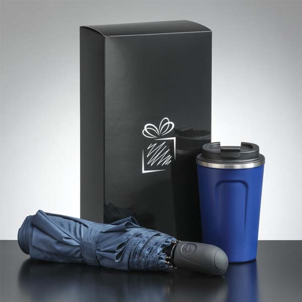 Logo trade advertising products image of: Traveller set: thermal mug 350 ml and full automatic umbrella, blue