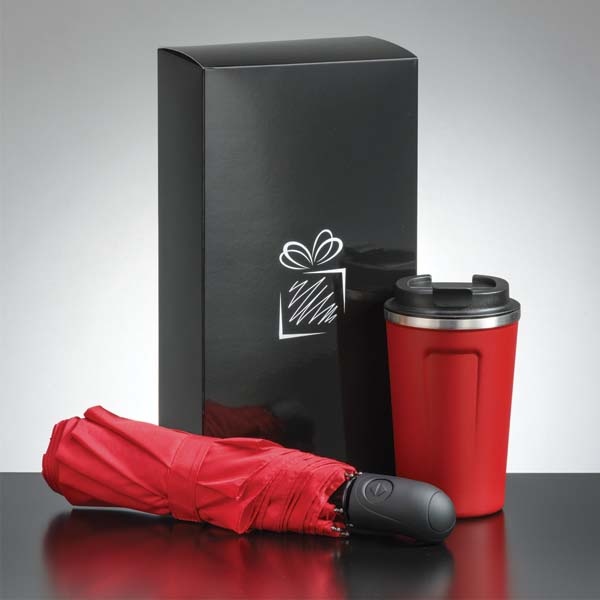 Logotrade promotional gift image of: Traveller set: thermal mug 350 ml and full automatic umbrella, red