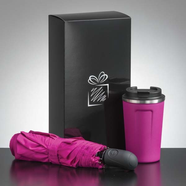 Logo trade promotional items picture of: Traveller set: thermal mug 350 ml and full automatic umbrella, pink