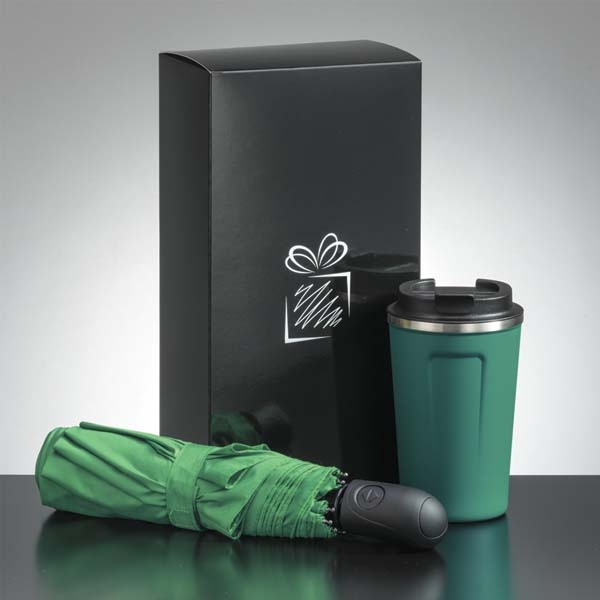 Logo trade promotional items image of: Traveller set: thermal mug 350 ml and full automatic umbrella, green