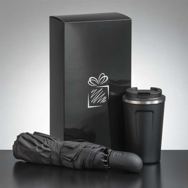 Logotrade corporate gift picture of: Traveller set: thermal mug 350 ml and full automatic umbrella, black