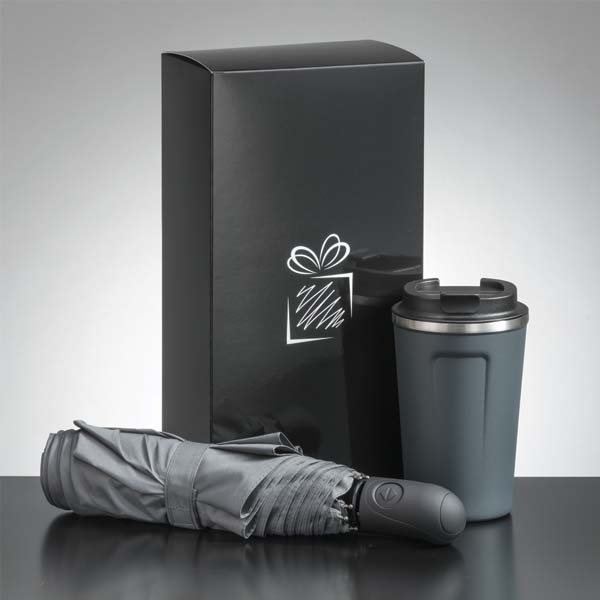 Logo trade promotional giveaways image of: Traveller set: thermal mug 350 ml and full automatic umbrella, gray