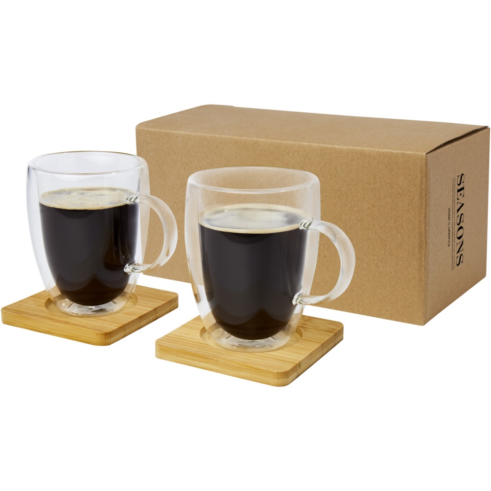 Logo trade business gift photo of: Manti 2-piece 350 ml double-wall glass cup with bamboo coaster 