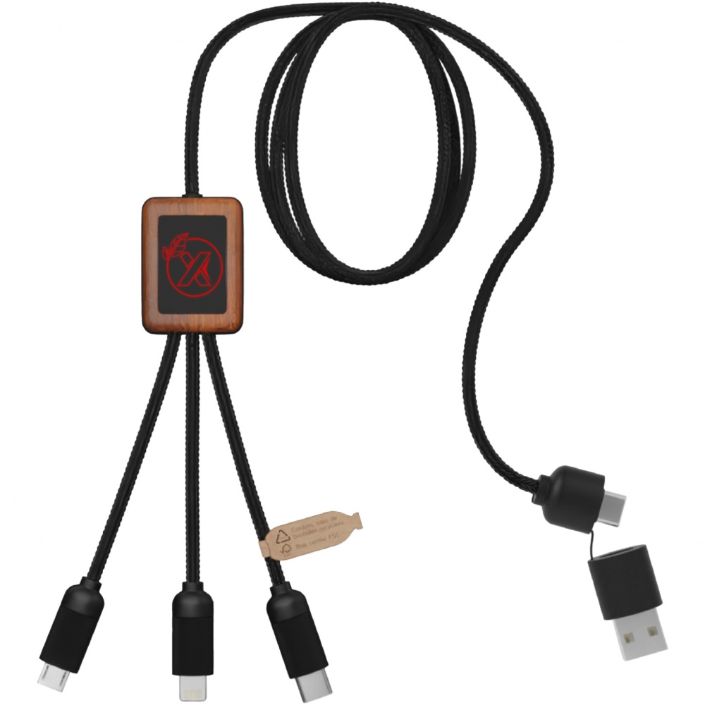 Logo trade promotional gift photo of: SCX.design C38 5-in-1 rPET light-up logo charging cable with squared wooden casing