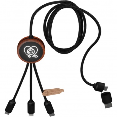 Logo trade promotional giveaway photo of: SCX.design C37 5-in-1 rPET light-up logo charging cable with round wooden casing