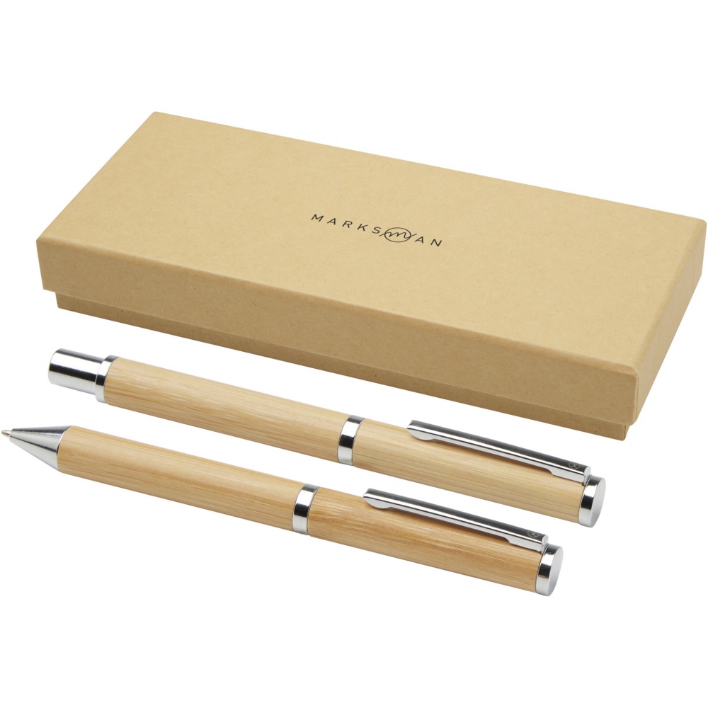 Logo trade promotional merchandise photo of: Apolys bamboo ballpoint and rollerball pen gift set 