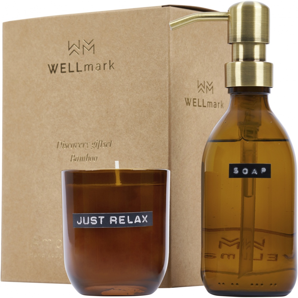 Logo trade corporate gifts picture of: Wellmark Discovery 200 ml hand soap dispenser and 150 g scented candle set - bamboo fragrance