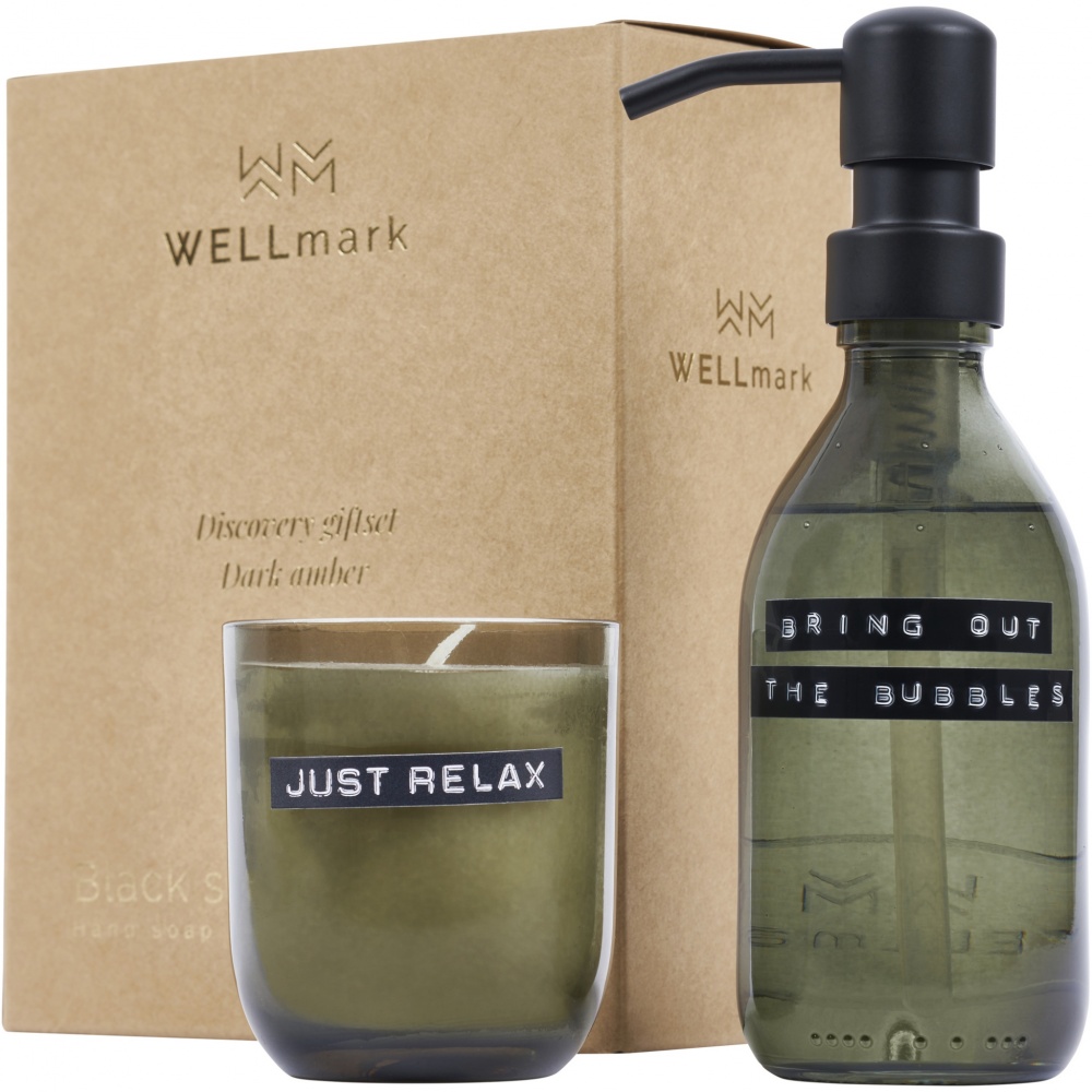 Logo trade promotional merchandise photo of: Wellmark Discovery 200 ml hand soap dispenser and 150 g scented candle set - dark amber fragrance