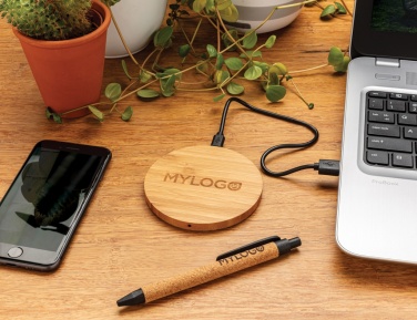 Logo trade promotional products image of: Bamboo 5W round wireless charger