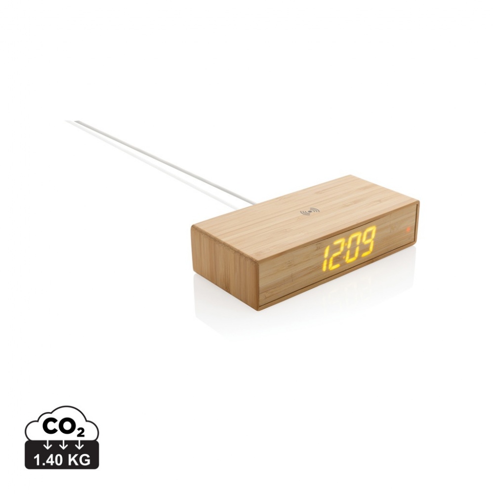 Logo trade promotional merchandise photo of: Bamboo alarm clock with 5W wireless charger