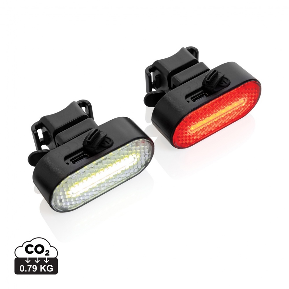 Logotrade promotional gift image of: Lumino RCS recycled plastic USB re-chargeable bike light set