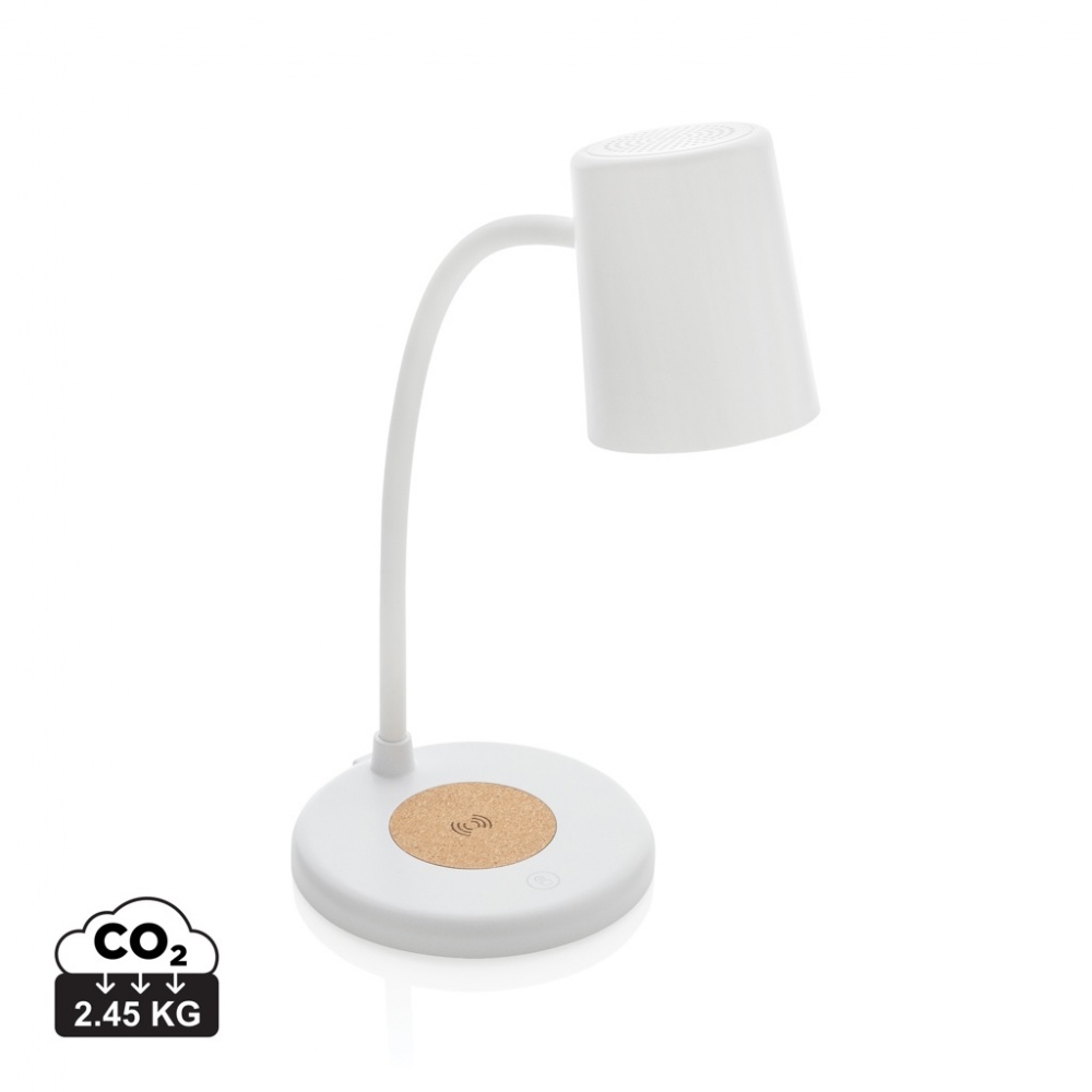 Logotrade promotional giveaway image of: Zenara RCS recycled plastic and cork 15W wireless desk lamp