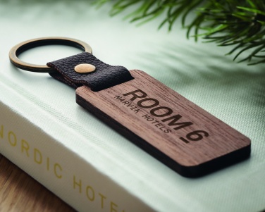 Logo trade promotional products image of: Key ring in walnut and PU Kokkola