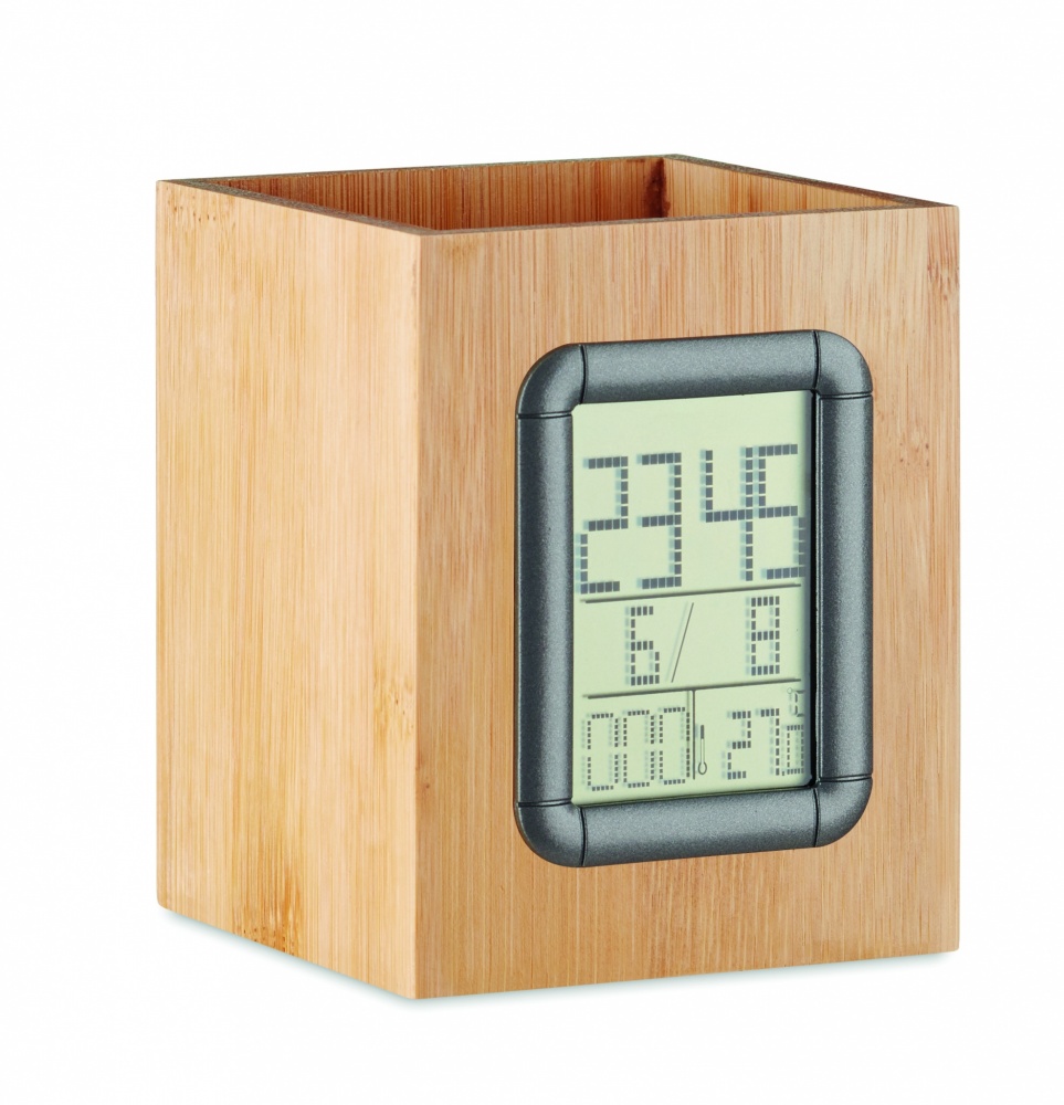 Logo trade promotional items picture of: Bamboo pen holder and LCD clock