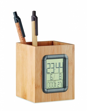 Logo trade corporate gifts image of: Bamboo pen holder and LCD clock