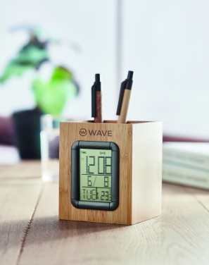 Logo trade promotional merchandise photo of: Bamboo pen holder and LCD clock