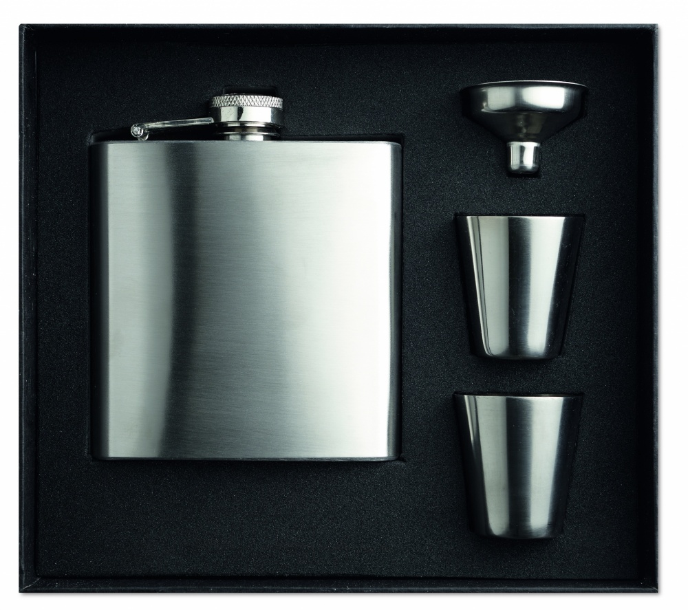 Logo trade promotional gifts picture of: Slim hip flask w 2 cups set