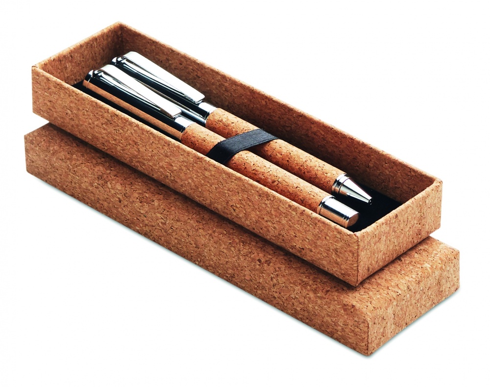 Logo trade promotional items image of: Metal Ball pen set in cork box