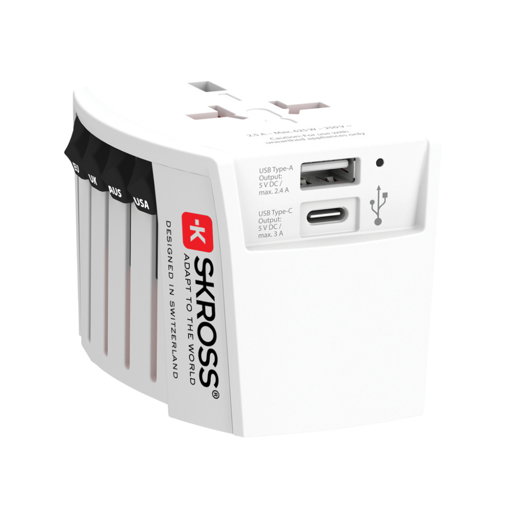 Logo trade promotional merchandise image of: SKROSS World Travel Adapter MUV 2-pole with USB A and C