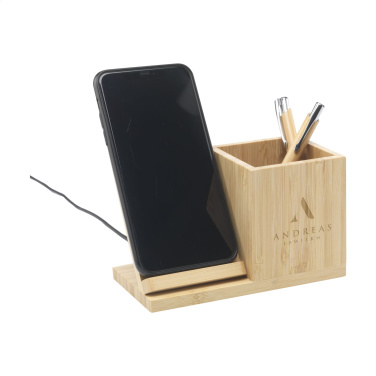 Logo trade promotional gifts image of: Bamboo Boss 15W charger/pen holder