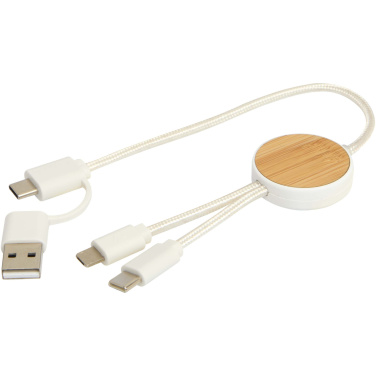 Logo trade promotional giveaways image of: Chechia 5-in-1 recycled plastic 30 cm data sync and 27W fast charge cable with bamboo details