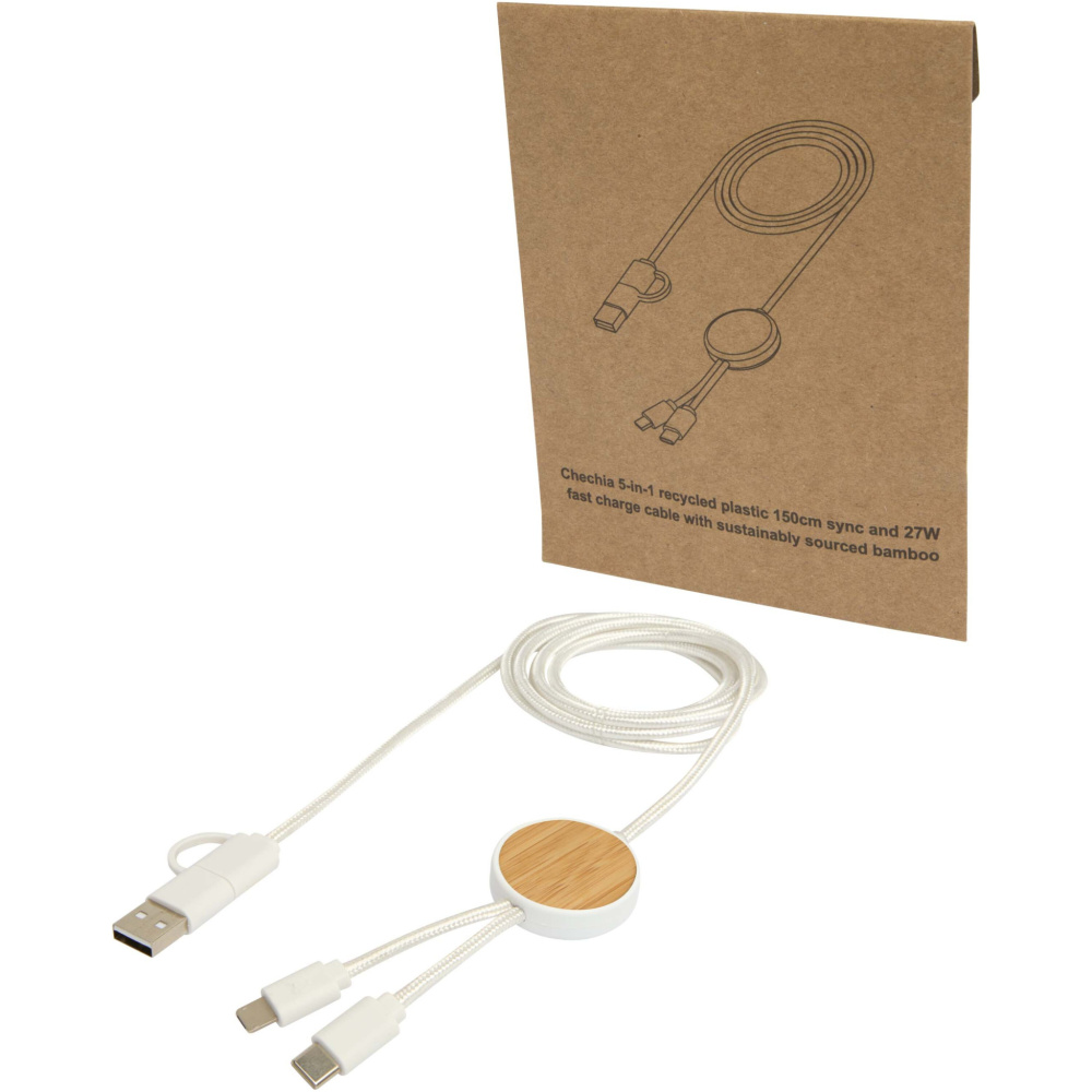 Logo trade promotional giveaways image of: Chechia 5-in-1 recycled plastic 150 cm data sync and 27W fast charge cable with bamboo details