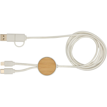 Logotrade promotional merchandise picture of: Chechia 5-in-1 recycled plastic 150 cm data sync and 27W fast charge cable with bamboo details