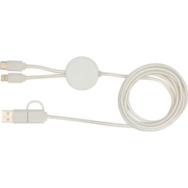 Logotrade promotional item image of: Chechia 5-in-1 recycled plastic 150 cm data sync and 27W fast charge cable with bamboo details