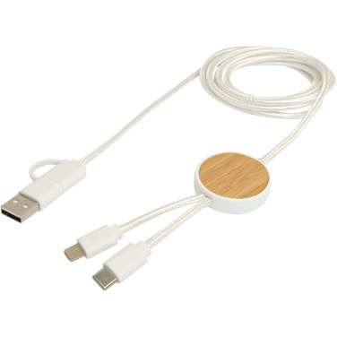 Logo trade promotional item photo of: Chechia 5-in-1 recycled plastic 150 cm data sync and 27W fast charge cable with bamboo details