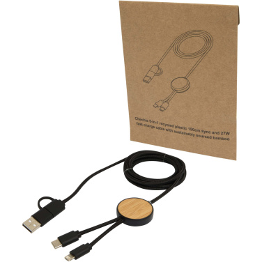 Logotrade promotional giveaways photo of: Chechia 5-in-1 recycled plastic 150 cm data sync and 27W fast charge cable with bamboo details