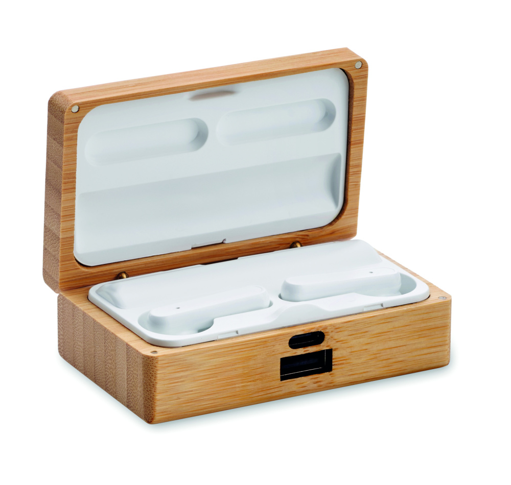 Logo trade business gifts image of: TWS earbuds in bamboo case