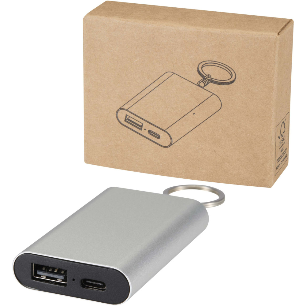 Logotrade promotional item image of: Arcturus 2000 mAh recycled aluminium power bank with keychain