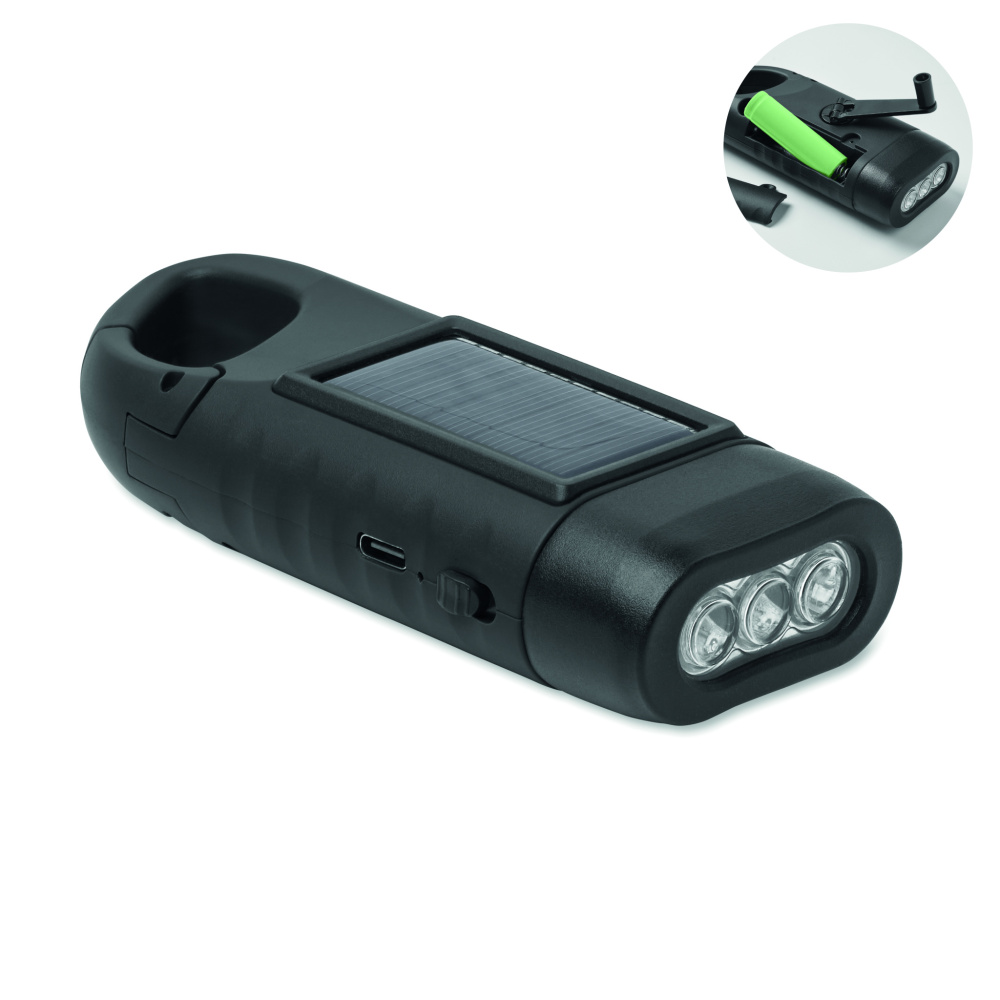Logo trade promotional merchandise photo of: Solar torch with dynamo crank