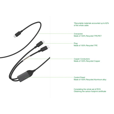 Logotrade mainostuote tuotekuva: Terra 100 W RCS -kaapeli, kaksi USB-C-liitäntää
