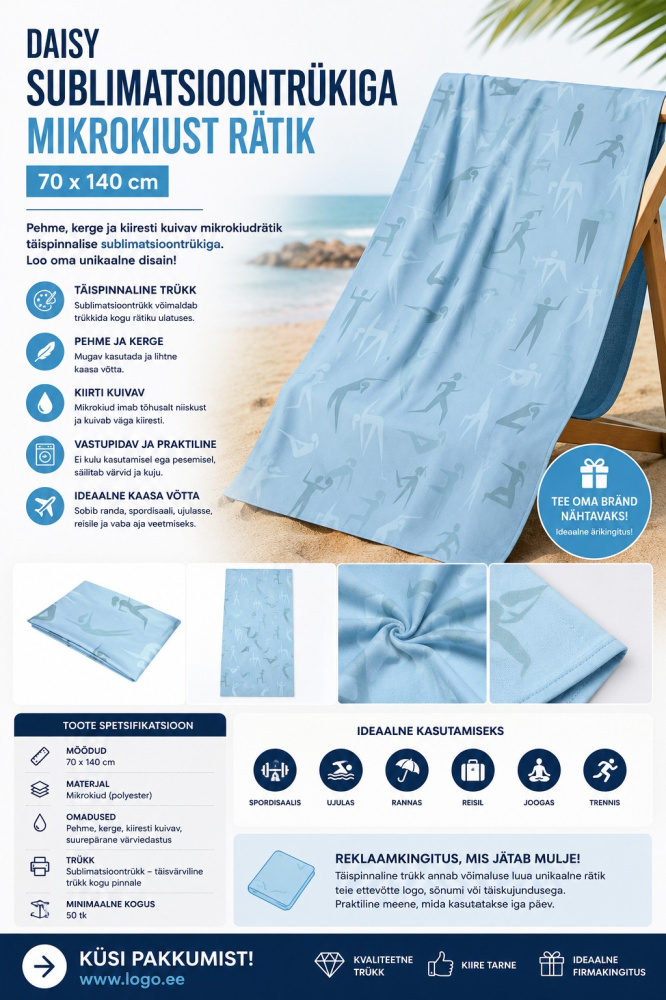 Logotrade reklaminės dovanos nuotrauka: Daisy mikropluošto rankšluostis su sublimacine spauda 70 × 140 cm